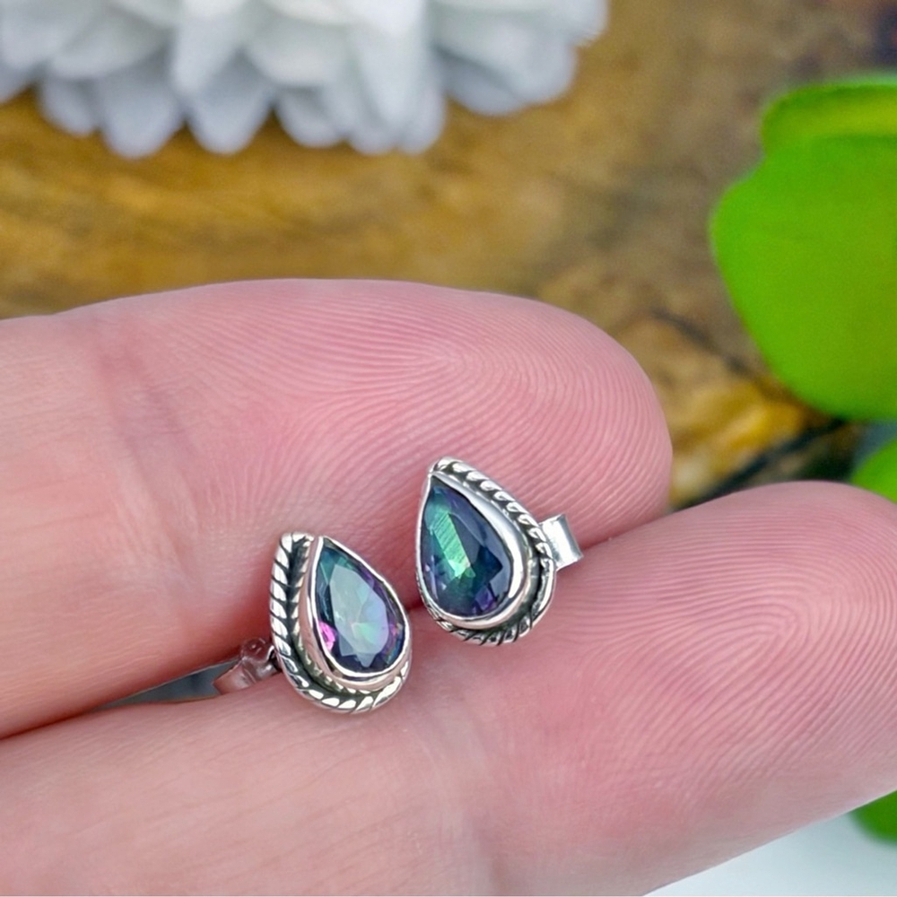 Mystic Topaz Earrings Pure Sterling Silver 925 Green Purple Gemstone Stud Post - Picture 6 of 12